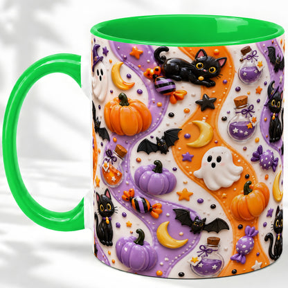 #pl[11oz|Green] Halloween Black Cat Ceramic Mug, Pumpkin Ghost Spooky Artwork