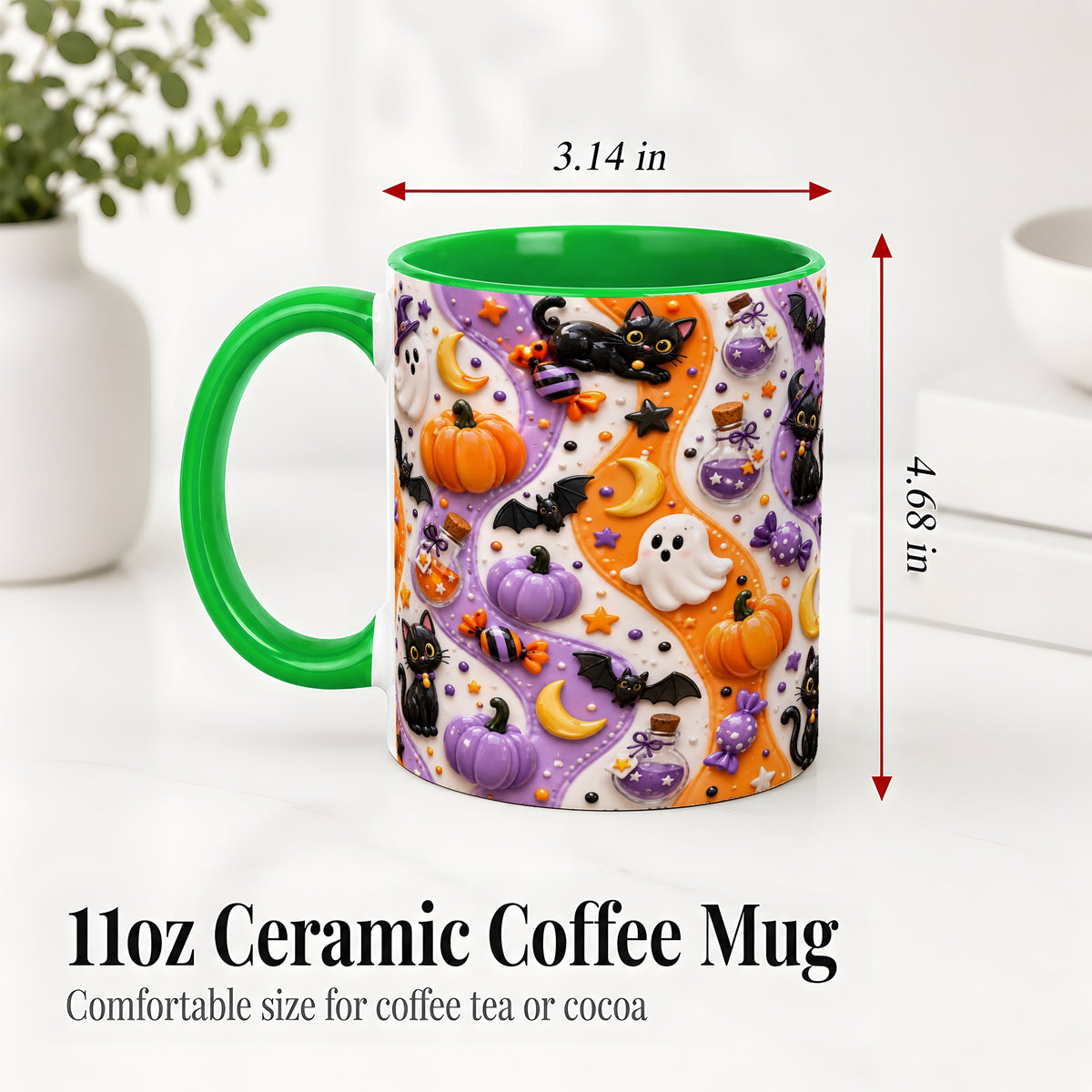 #pl[11oz|Green] Halloween Black Cat Ceramic Mug, Pumpkin Ghost Spooky Artwork
