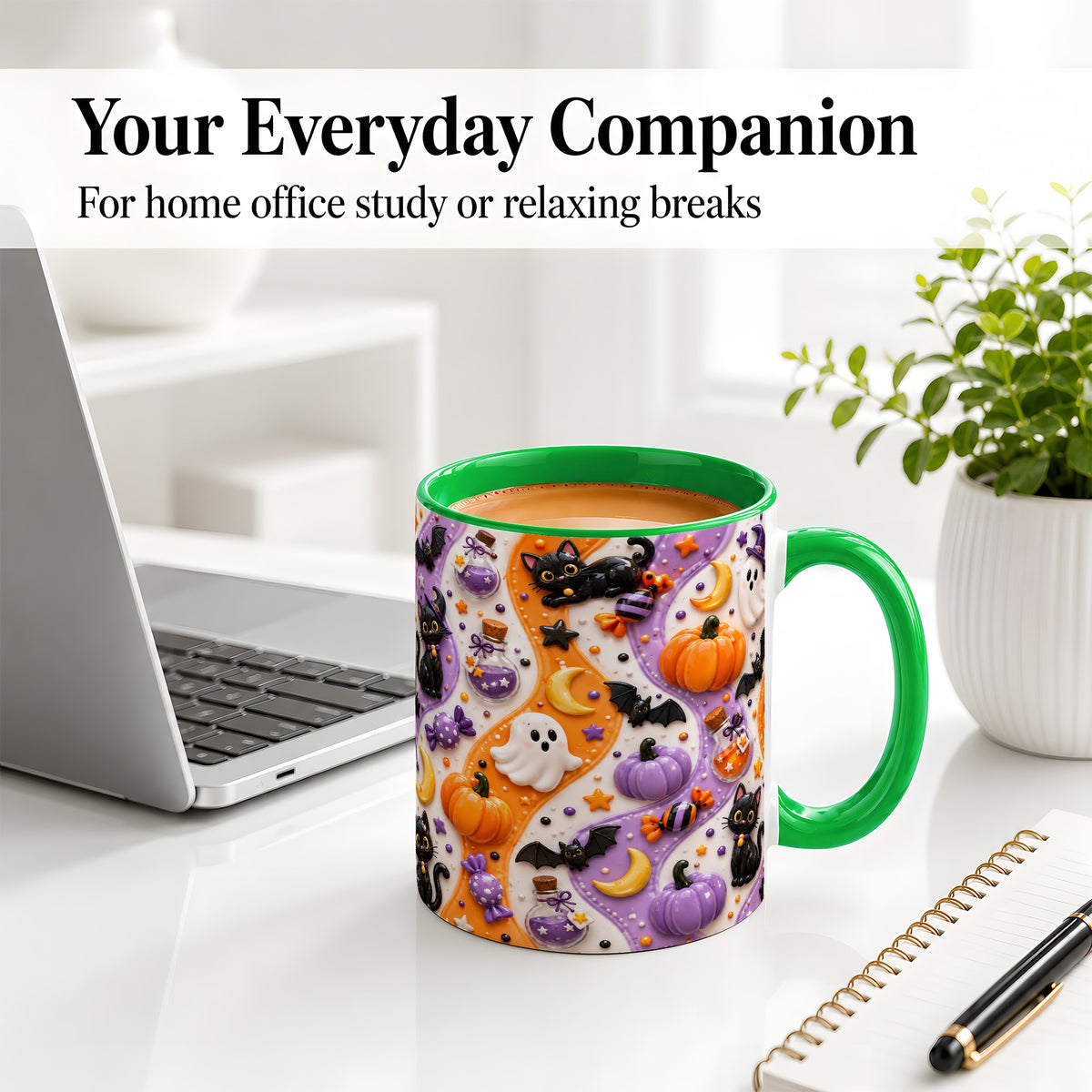 #pl[11oz|Green] Halloween Black Cat Ceramic Mug, Pumpkin Ghost Spooky Artwork
