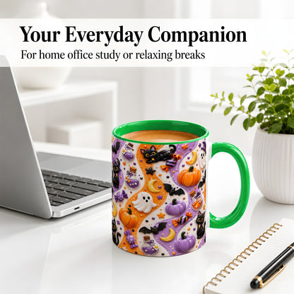 #pl[11oz|Green] Halloween Black Cat Ceramic Mug, Pumpkin Ghost Spooky Artwork
