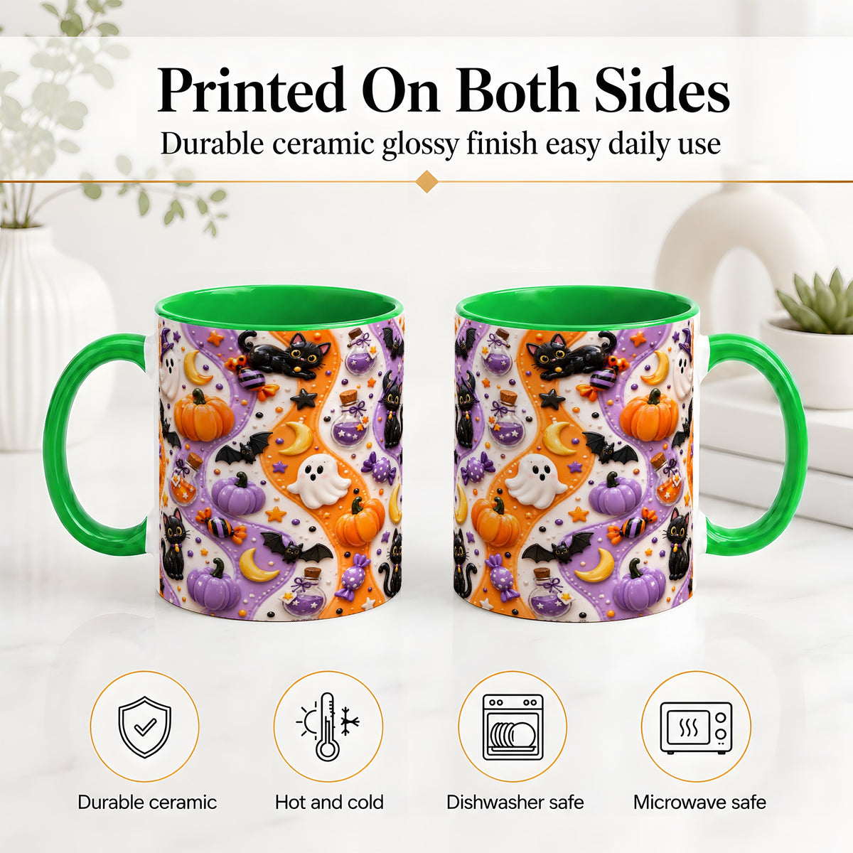 #pl[11oz|Green] Halloween Black Cat Ceramic Mug, Pumpkin Ghost Spooky Artwork