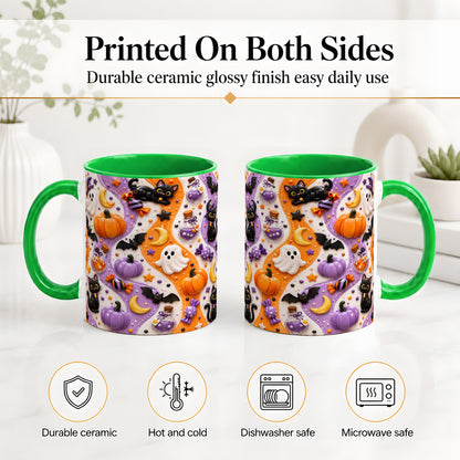 #pl[11oz|Green] Halloween Black Cat Ceramic Mug, Pumpkin Ghost Spooky Artwork
