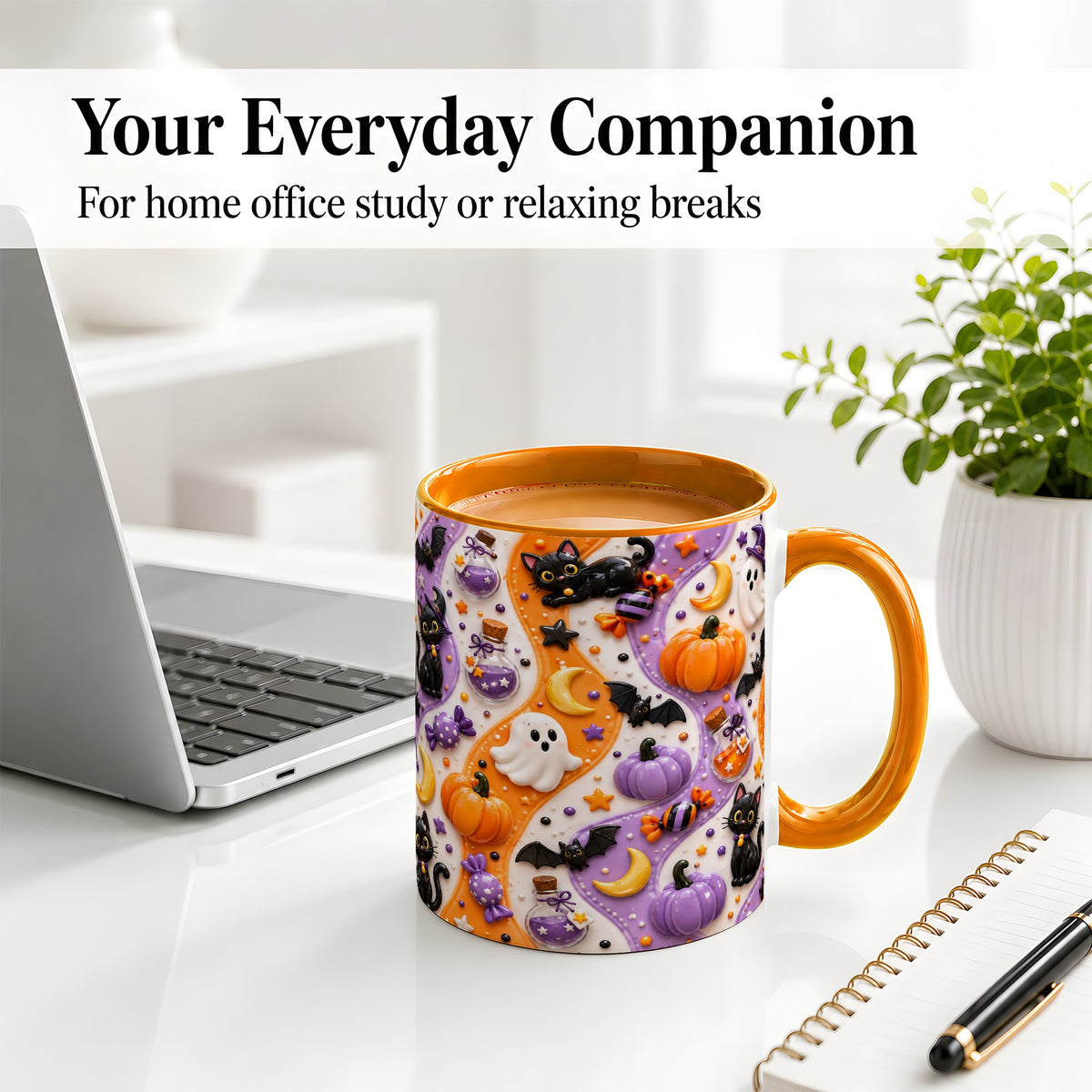 #pl[11oz|Orange] Halloween Black Cat Ceramic Mug, Pumpkin Ghost Spooky Artwork