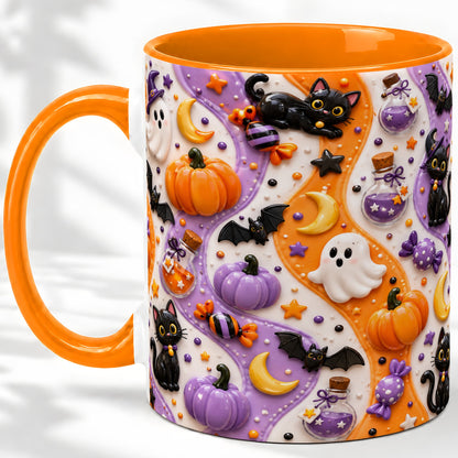 #pl[11oz|Orange] Halloween Black Cat Ceramic Mug, Pumpkin Ghost Spooky Artwork