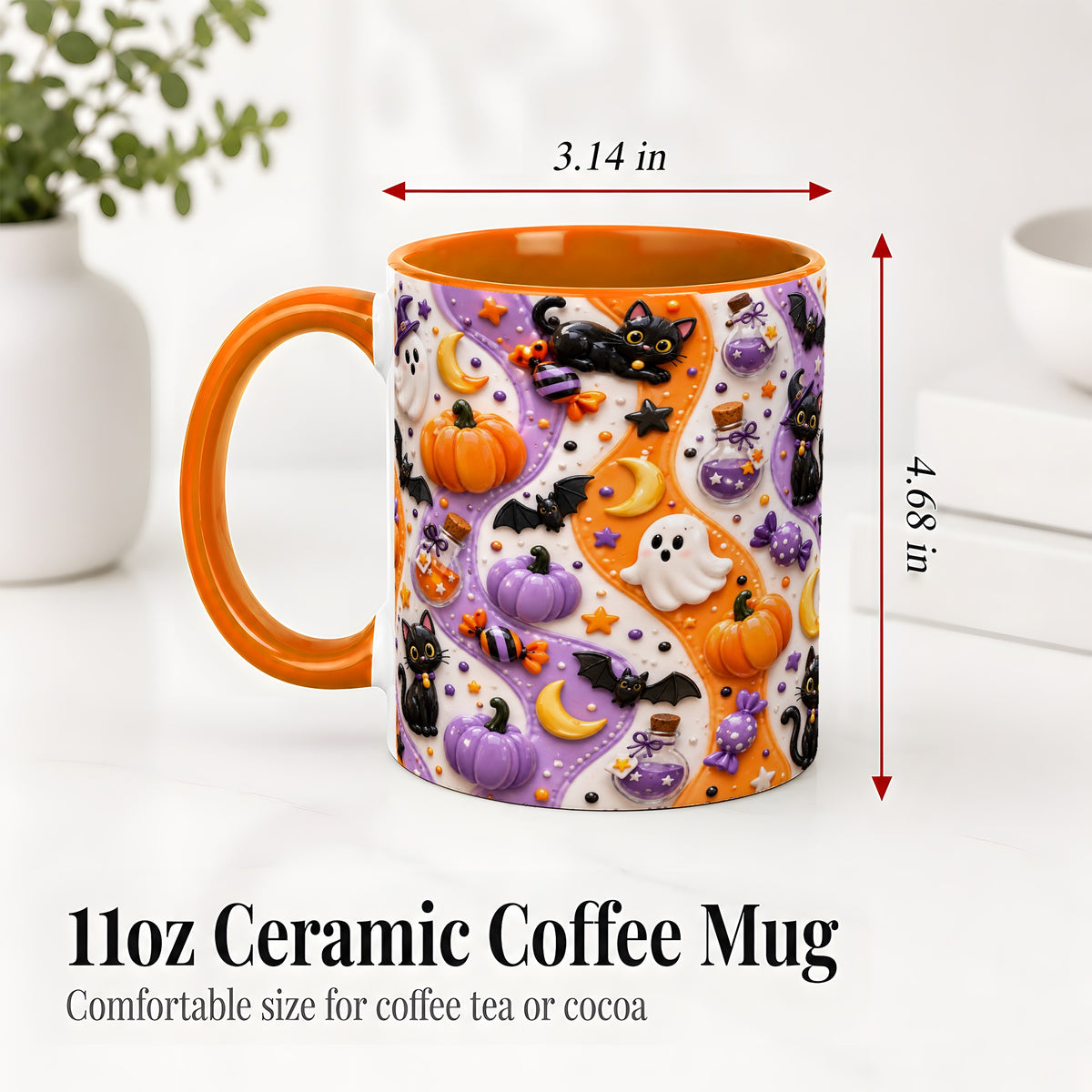 #pl[11oz|Orange] Halloween Black Cat Ceramic Mug, Pumpkin Ghost Spooky Artwork