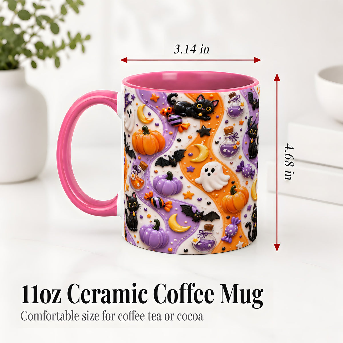#pl[11oz|Pink] Halloween Black Cat Ceramic Mug, Pumpkin Ghost Spooky Artwork