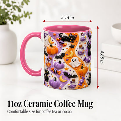 #pl[11oz|Pink] Halloween Black Cat Ceramic Mug, Pumpkin Ghost Spooky Artwork