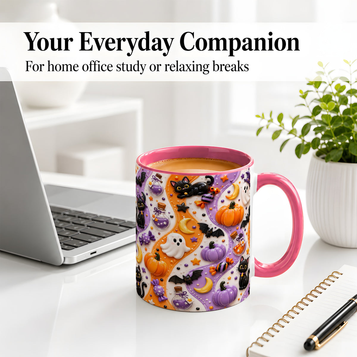 #pl[11oz|Pink] Halloween Black Cat Ceramic Mug, Pumpkin Ghost Spooky Artwork