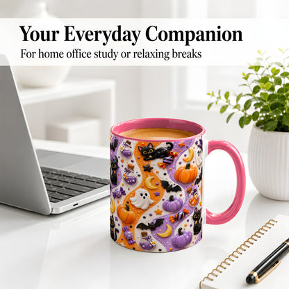 #pl[11oz|Pink] Halloween Black Cat Ceramic Mug, Pumpkin Ghost Spooky Artwork