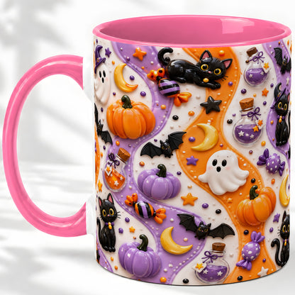#pl[11oz|Pink] Halloween Black Cat Ceramic Mug, Pumpkin Ghost Spooky Artwork