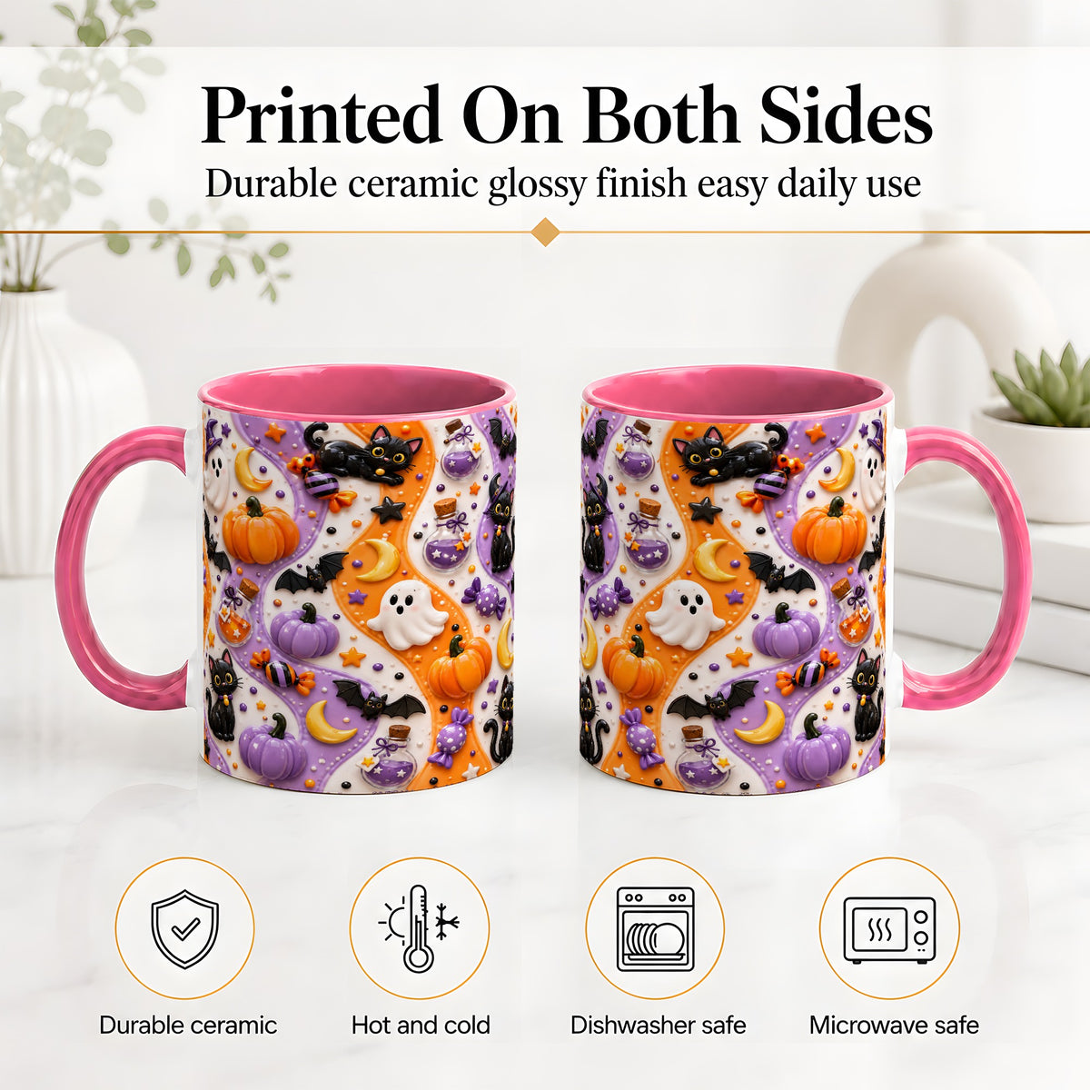 #pl[11oz|Pink] Halloween Black Cat Ceramic Mug, Pumpkin Ghost Spooky Artwork