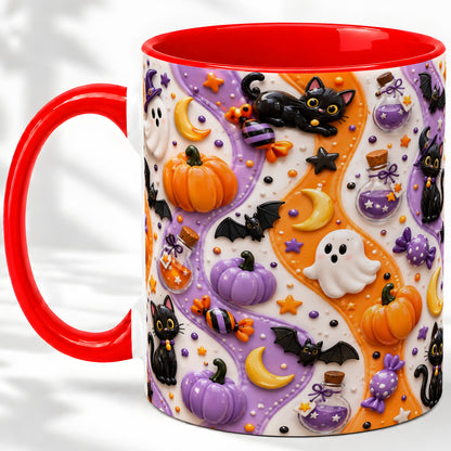 Halloween Black Cat Ceramic Mug, Pumpkin Ghost Spooky Artwork