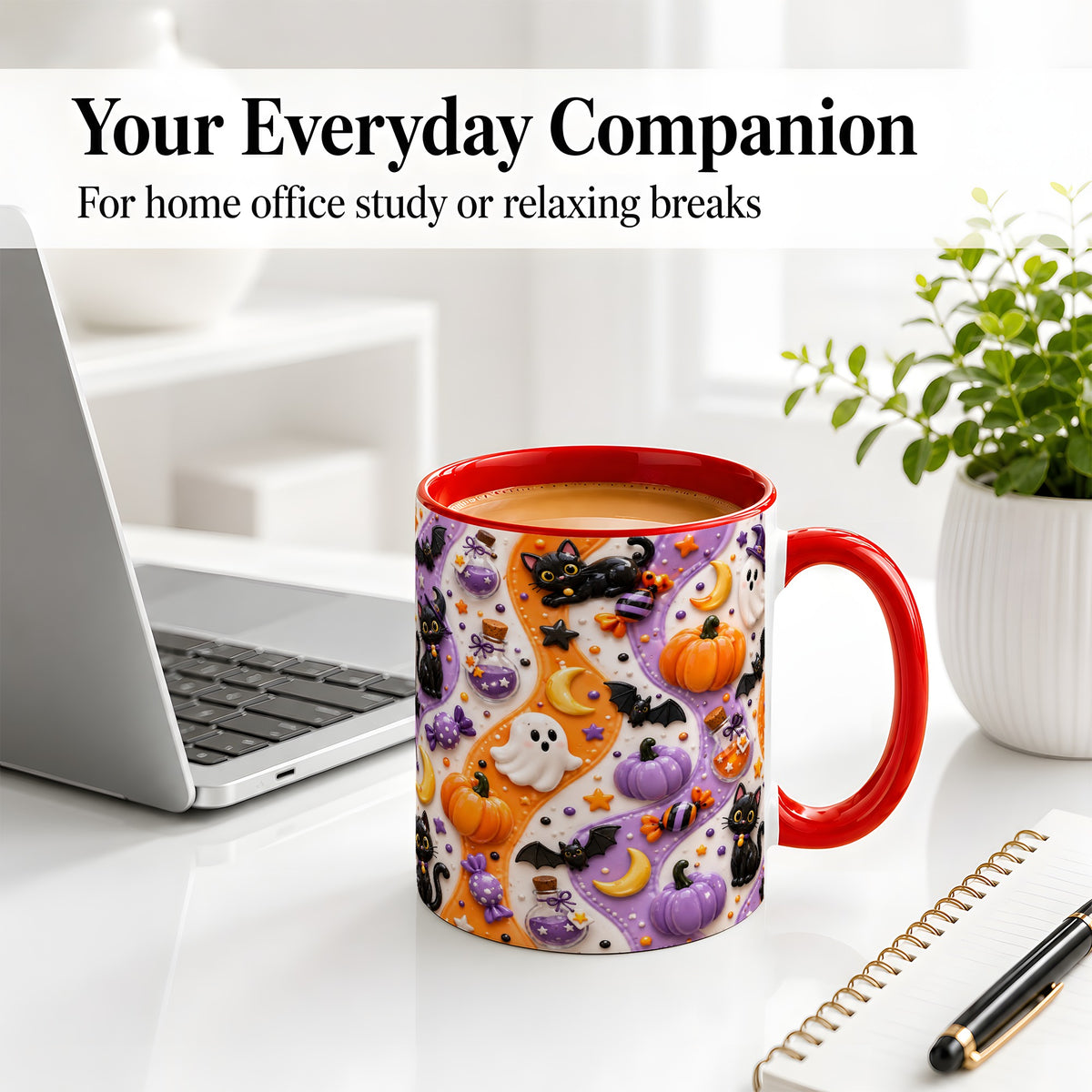 #pl[11oz|Red] Halloween Black Cat Ceramic Mug, Pumpkin Ghost Spooky Artwork