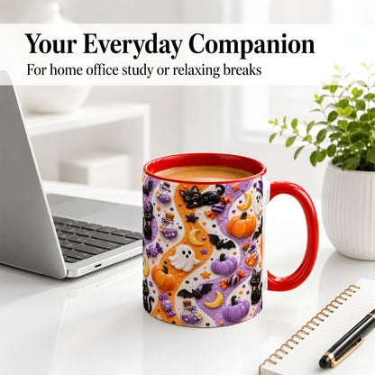 #pl[11oz|Red] Halloween Black Cat Ceramic Mug, Pumpkin Ghost Spooky Artwork
