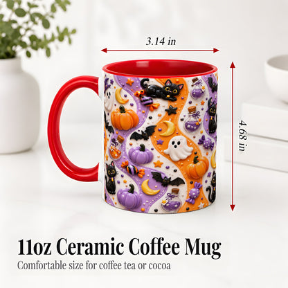 #pl[11oz|Red] Halloween Black Cat Ceramic Mug, Pumpkin Ghost Spooky Artwork