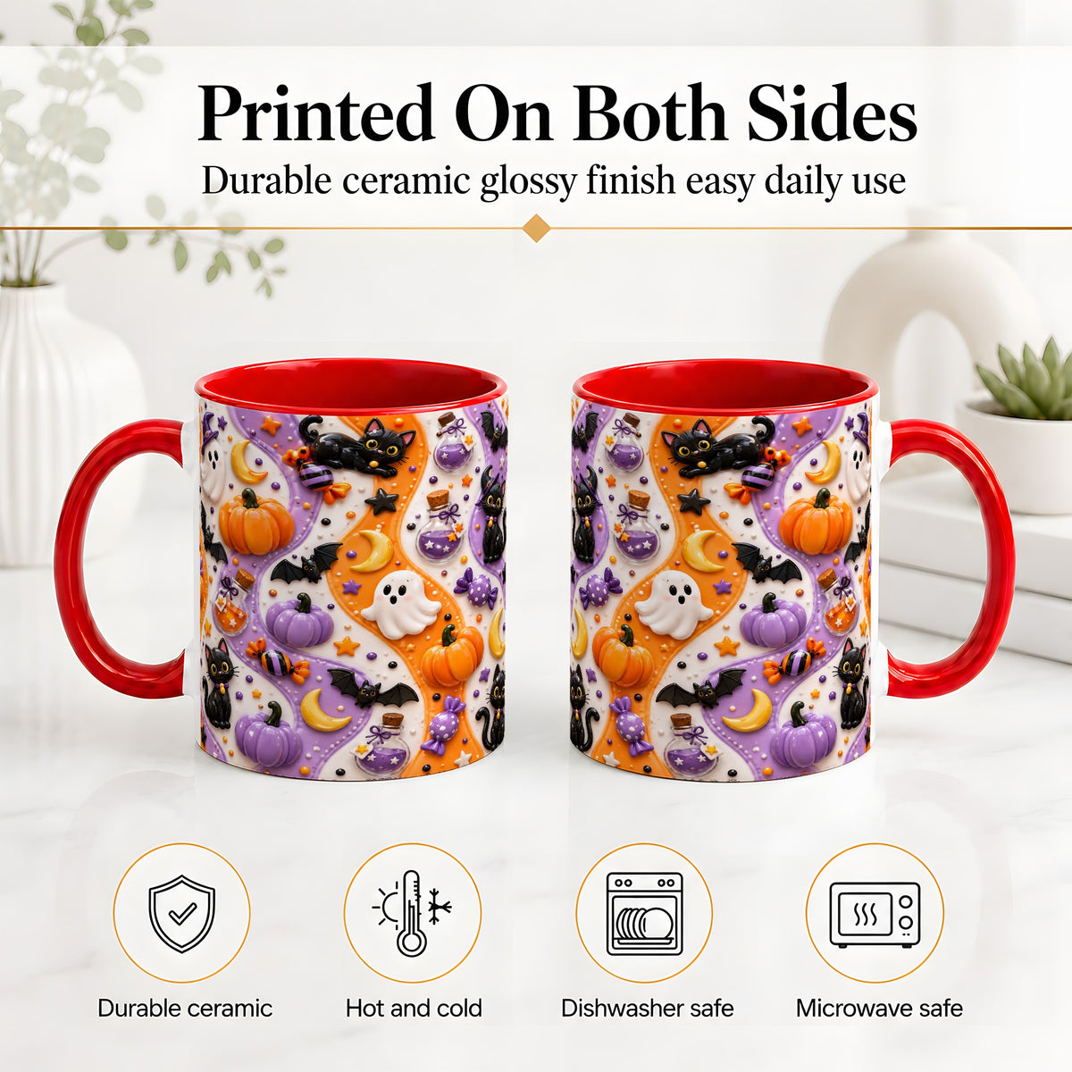#pl[11oz|Red] Halloween Black Cat Ceramic Mug, Pumpkin Ghost Spooky Artwork