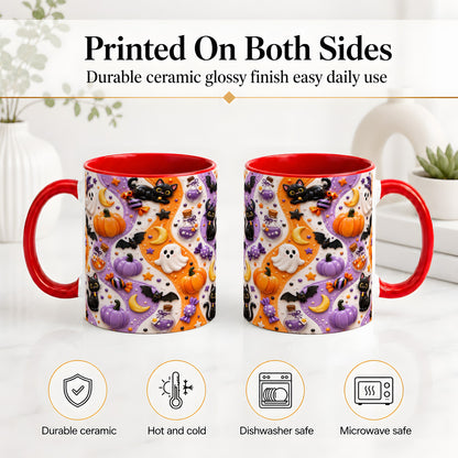 #pl[11oz|Red] Halloween Black Cat Ceramic Mug, Pumpkin Ghost Spooky Artwork