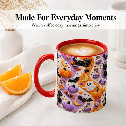 #pl[11oz|Red] Halloween Black Cat Ceramic Mug, Pumpkin Ghost Spooky Artwork