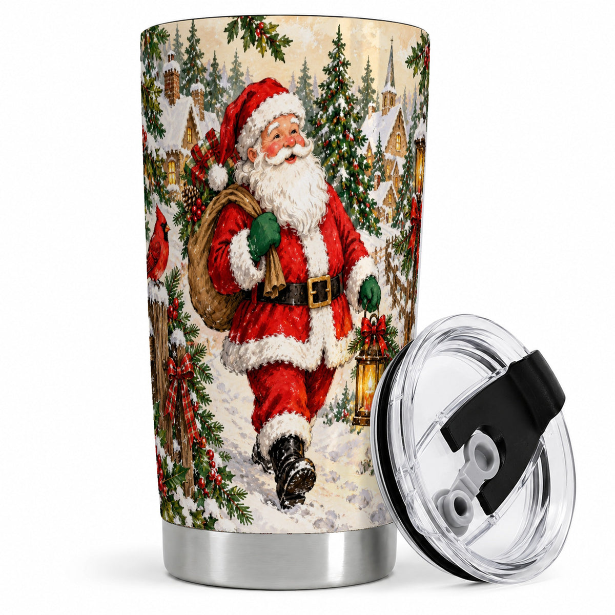 Vintage Santa 20oz Tumbler, Christmas Village Drinkware for Holiday Use