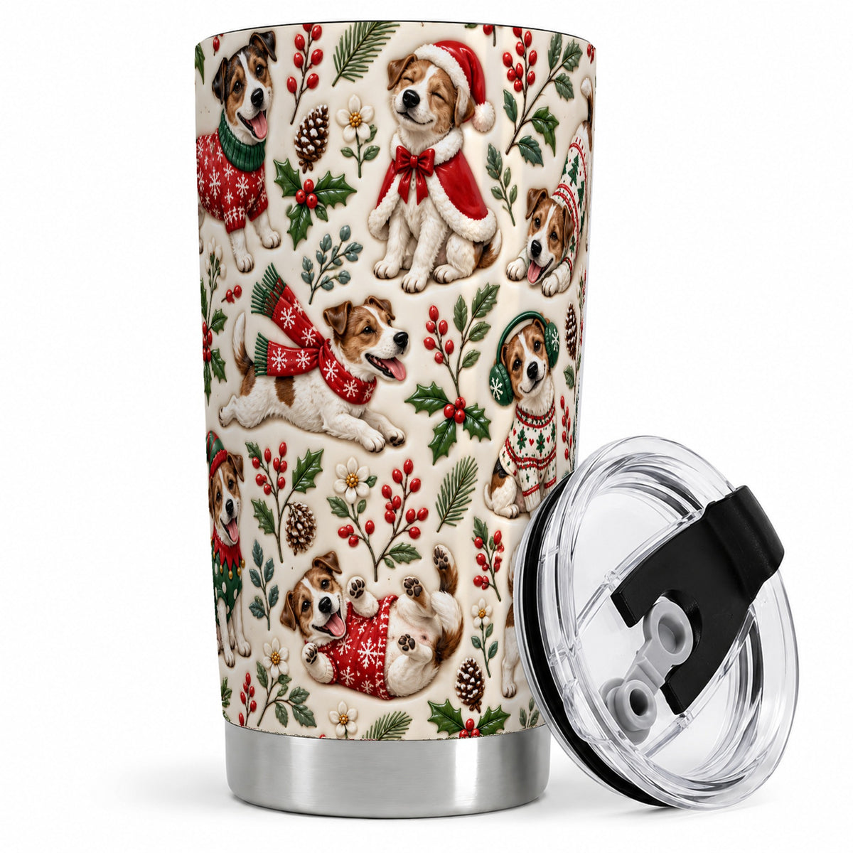 Christmas Jack Russell 20oz Tumbler, Festive Dog Pattern Drinkware