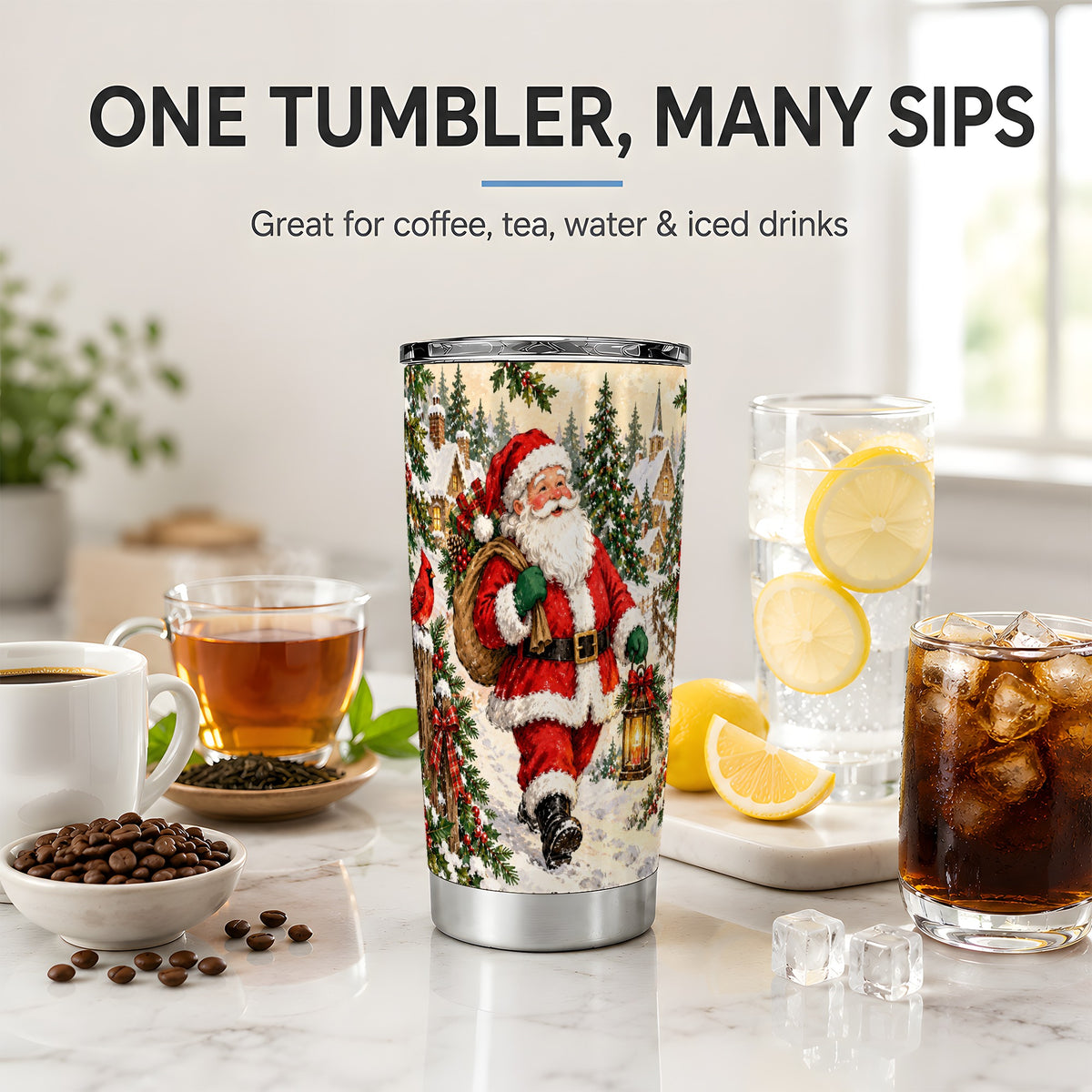 #pl[20oz|Steel] Vintage Santa 20oz Tumbler, Christmas Village Drinkware for Holiday Use