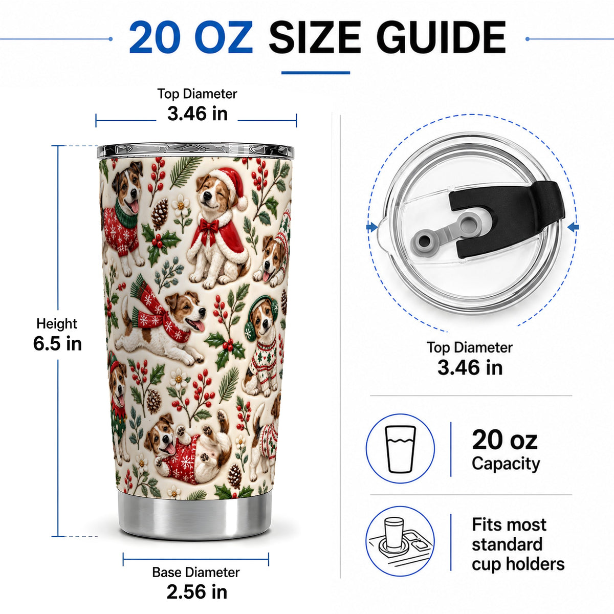 #pl[20oz|Steel] Christmas Jack Russell 20oz Tumbler, Festive Dog Pattern Drinkware