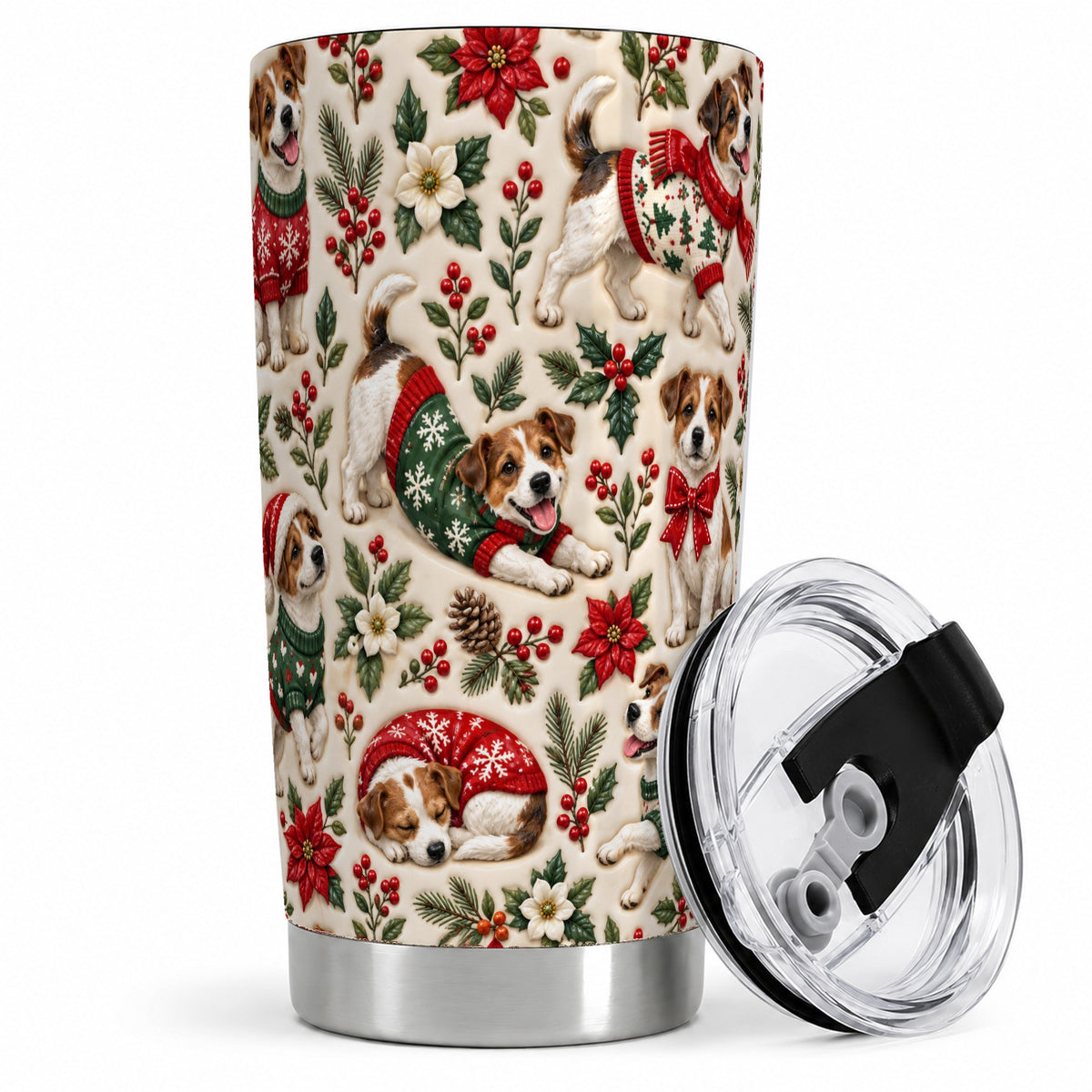 Christmas Jack Russell 20oz Tumbler, Holly Dog Pattern Drinkware Art