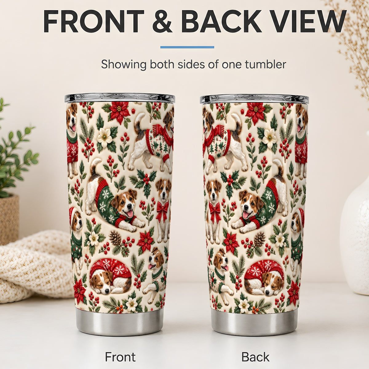 #pl[20oz|Steel] Christmas Jack Russell 20oz Tumbler, Holly Dog Pattern Drinkware Art