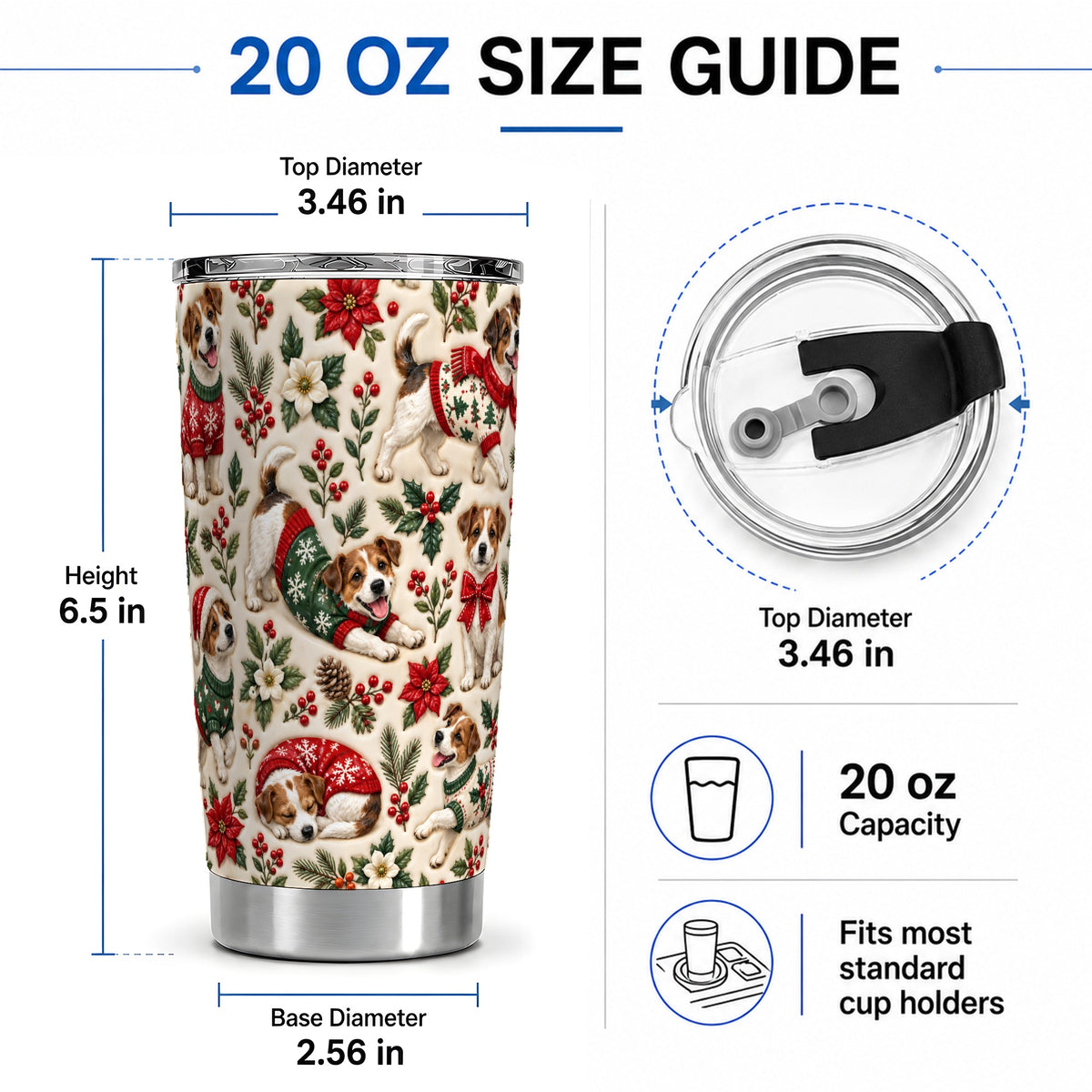 #pl[20oz|Steel] Christmas Jack Russell 20oz Tumbler, Holly Dog Pattern Drinkware Art