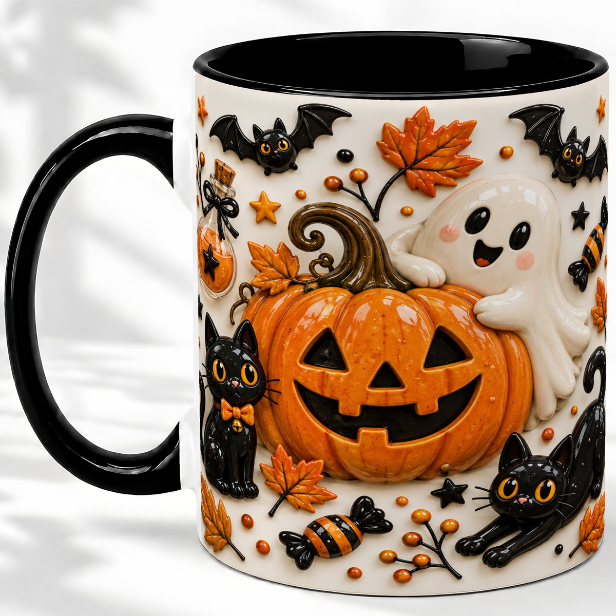 #pl[11oz|Black] Halloween Pumpkin Ceramic Mug, Black Cat Ghost Spooky Artwork