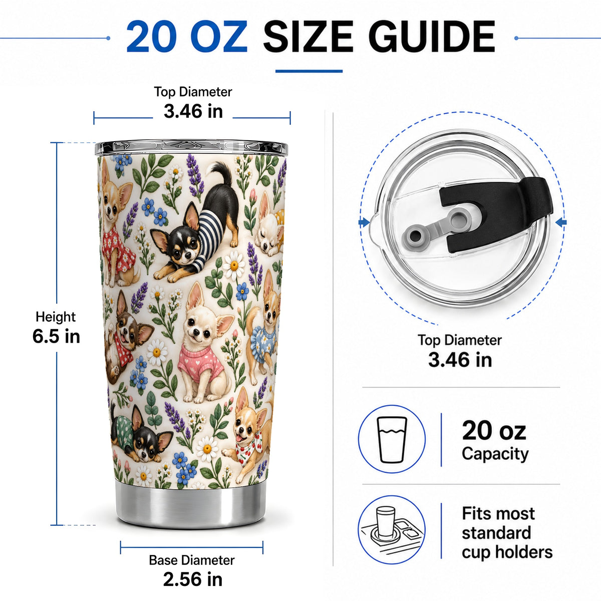 #pl[20oz|Steel] Floral Chihuahua 20oz Tumbler, Botanical Dog Pattern for Daily Drinks