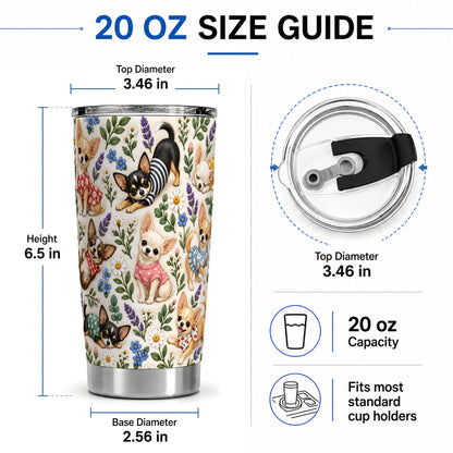 #pl[20oz|Steel] Floral Chihuahua 20oz Tumbler, Botanical Dog Pattern for Daily Drinks