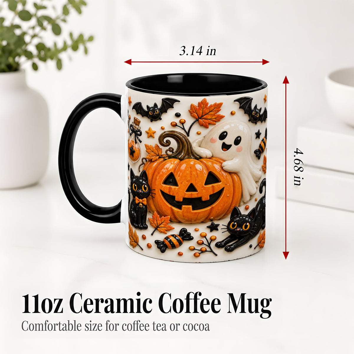 #pl[11oz|Black] Halloween Pumpkin Ceramic Mug, Black Cat Ghost Spooky Artwork