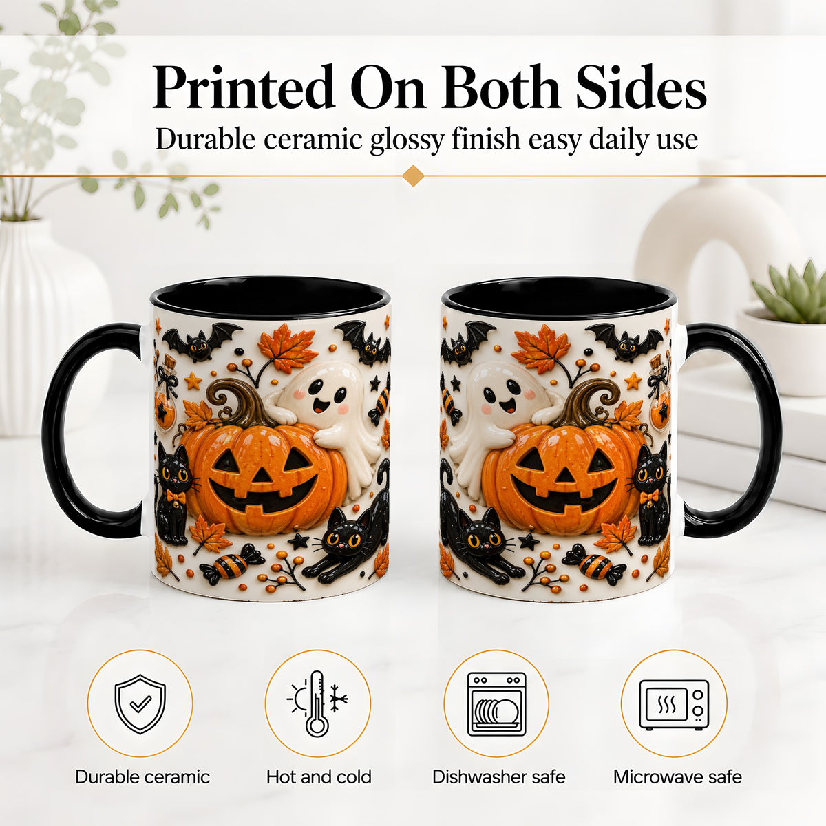 #pl[11oz|Black] Halloween Pumpkin Ceramic Mug, Black Cat Ghost Spooky Artwork