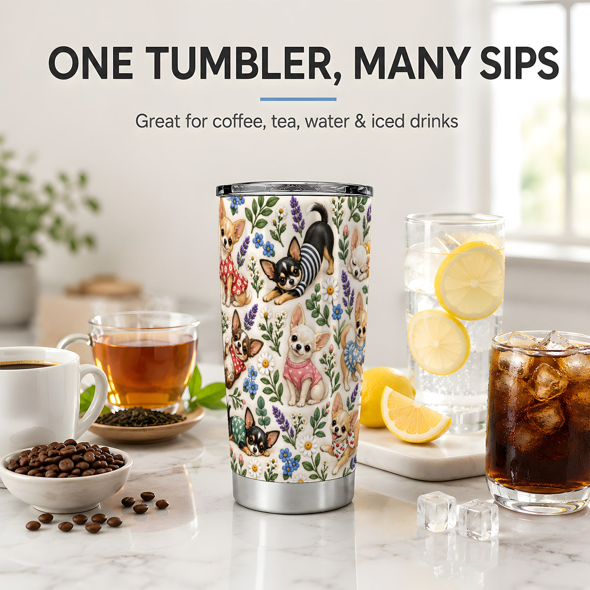 #pl[20oz|Steel] Floral Chihuahua 20oz Tumbler, Botanical Dog Pattern for Daily Drinks