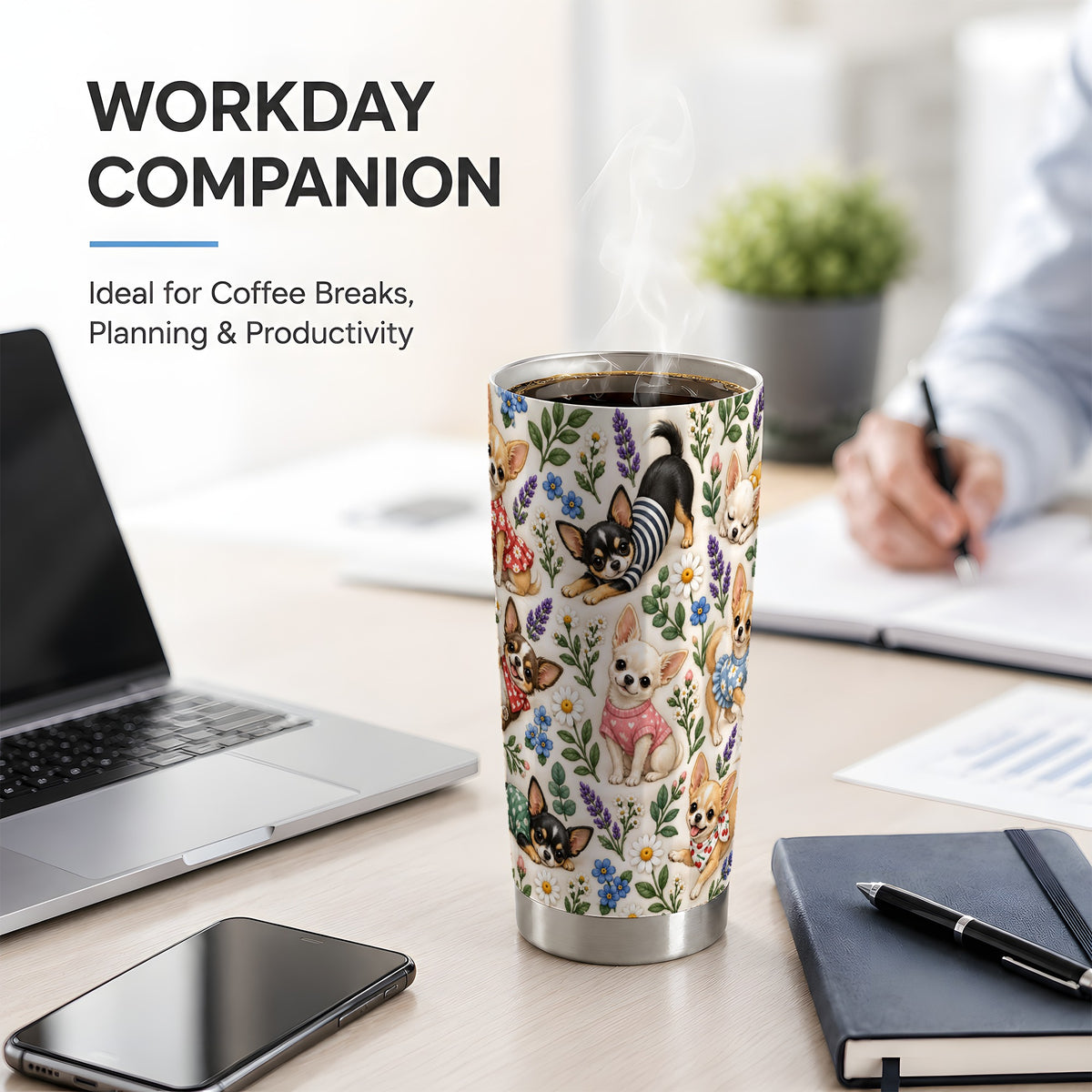 #pl[20oz|Steel] Floral Chihuahua 20oz Tumbler, Botanical Dog Pattern for Daily Drinks
