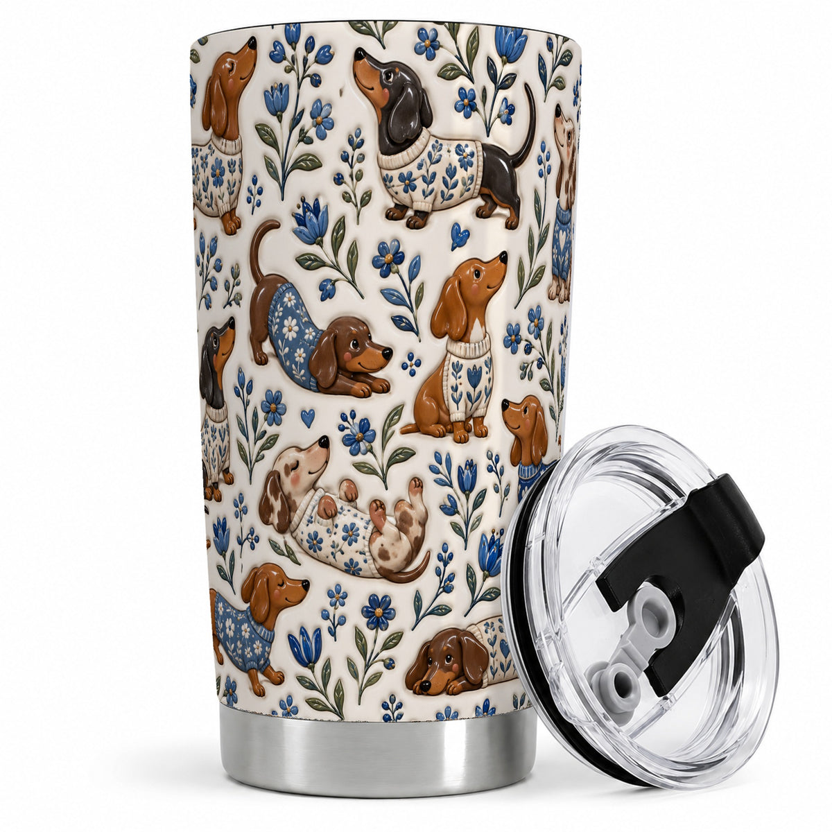 Blue Floral Dachshund 20oz Tumbler, Botanical Dog Pattern Drinkware
