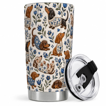 Blue Floral Dachshund 20oz Tumbler, Botanical Dog Pattern Drinkware