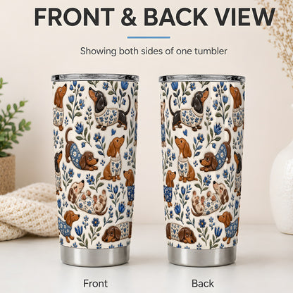 #pl[20oz|Steel] Blue Floral Dachshund 20oz Tumbler, Botanical Dog Pattern Drinkware