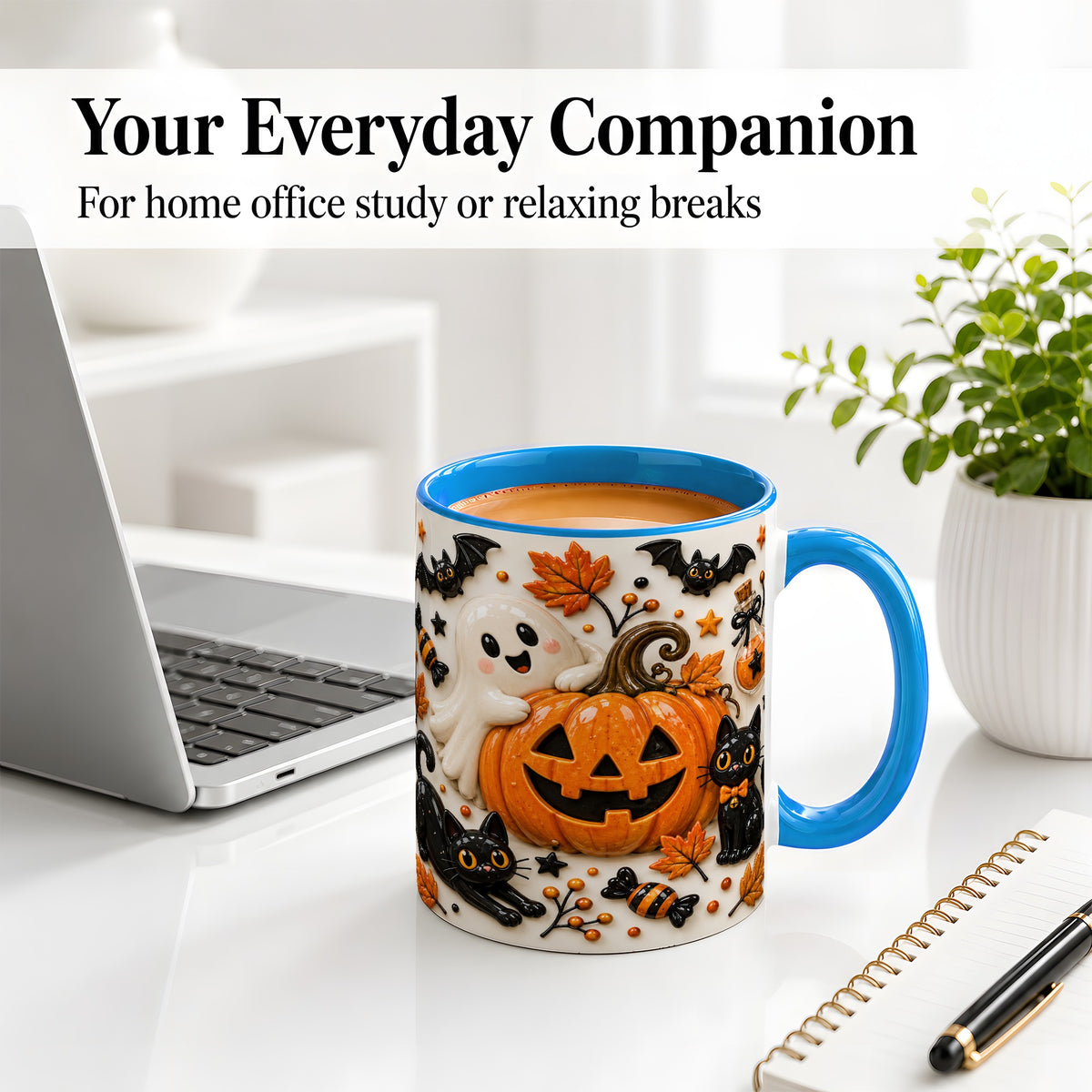 #pl[11oz|Blue] Halloween Pumpkin Ceramic Mug, Black Cat Ghost Spooky Artwork