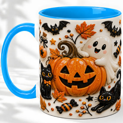 #pl[11oz|Blue] Halloween Pumpkin Ceramic Mug, Black Cat Ghost Spooky Artwork