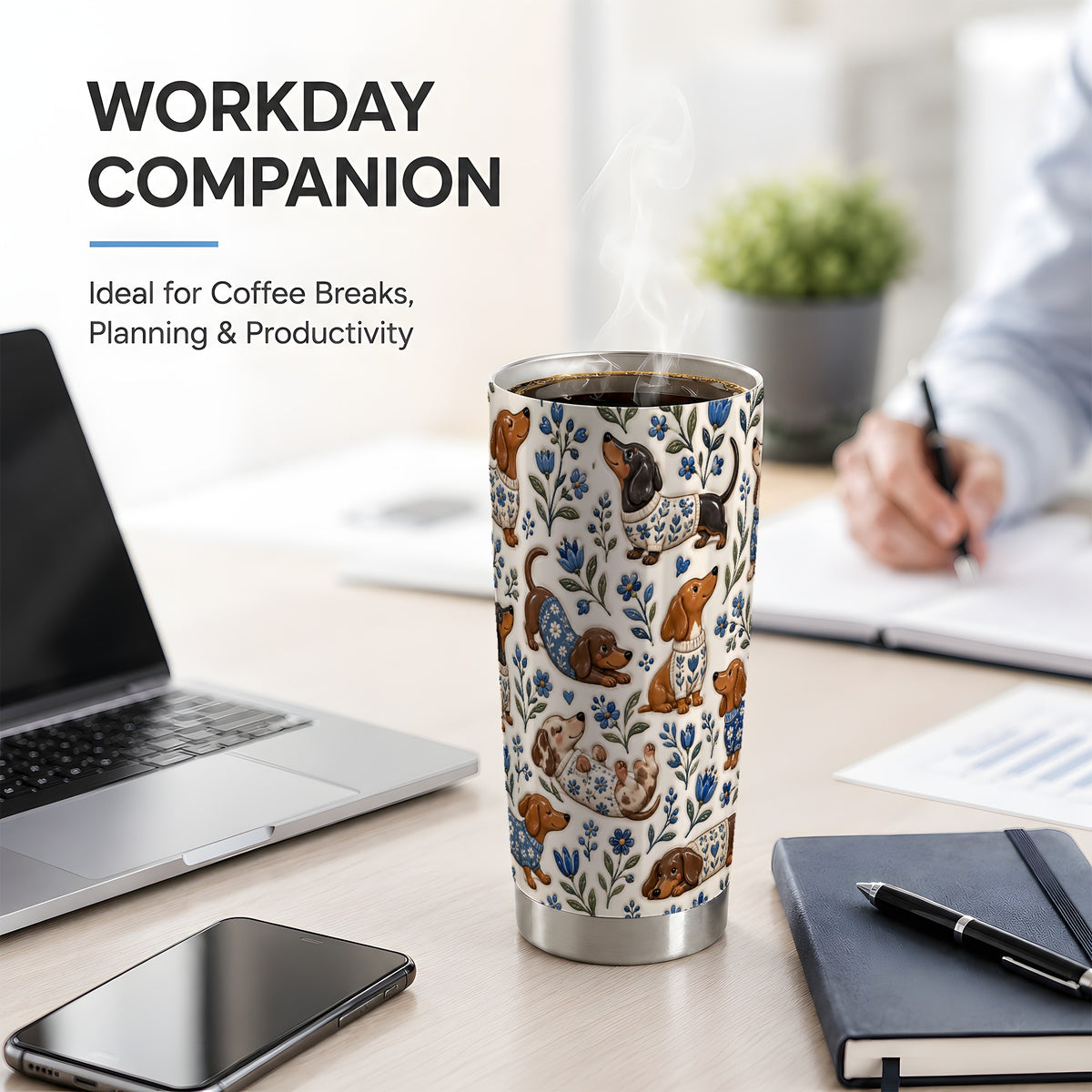#pl[20oz|Steel] Blue Floral Dachshund 20oz Tumbler, Botanical Dog Pattern Drinkware