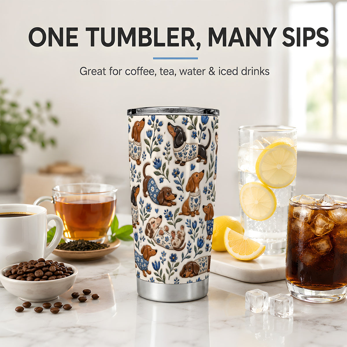 #pl[20oz|Steel] Blue Floral Dachshund 20oz Tumbler, Botanical Dog Pattern Drinkware