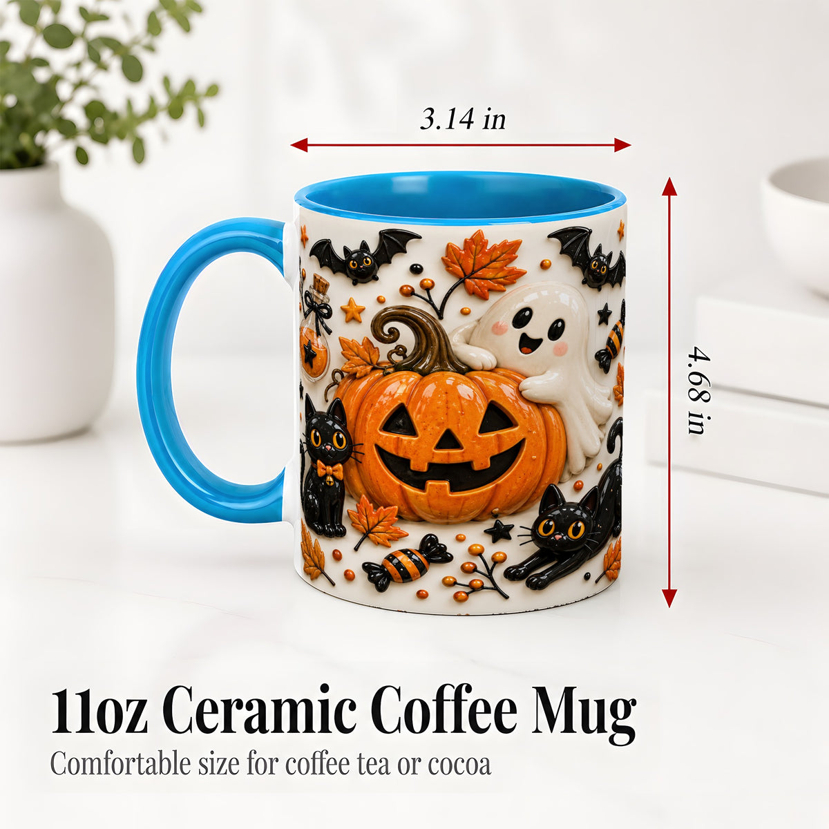 #pl[11oz|Blue] Halloween Pumpkin Ceramic Mug, Black Cat Ghost Spooky Artwork