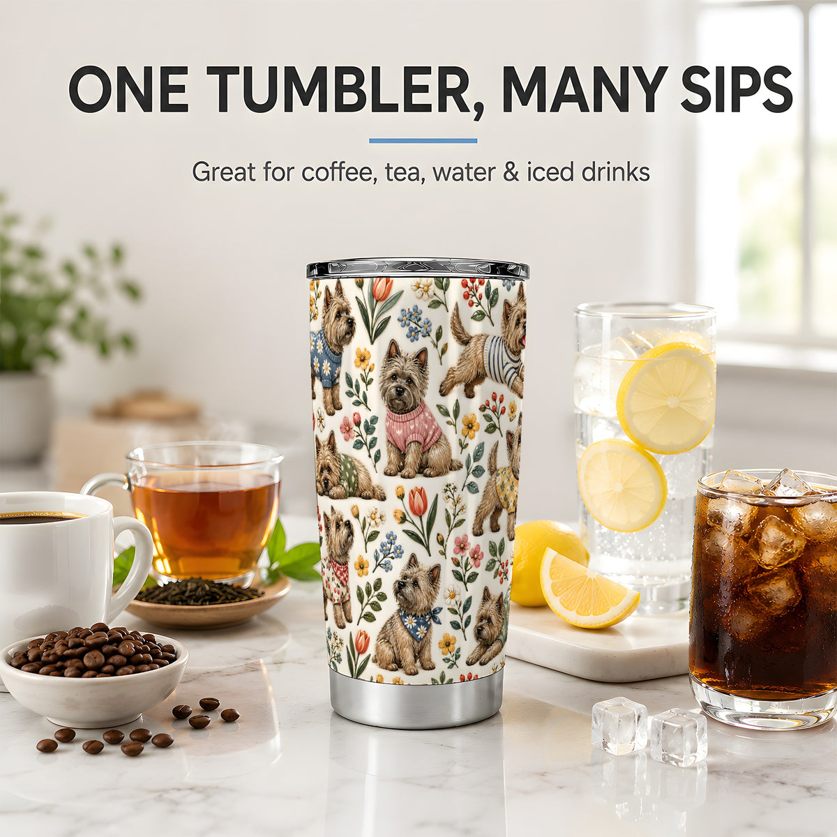 #pl[20oz|Steel] Floral Terrier 20oz Tumbler, Botanical Dog Pattern Drinkware for Daily Use