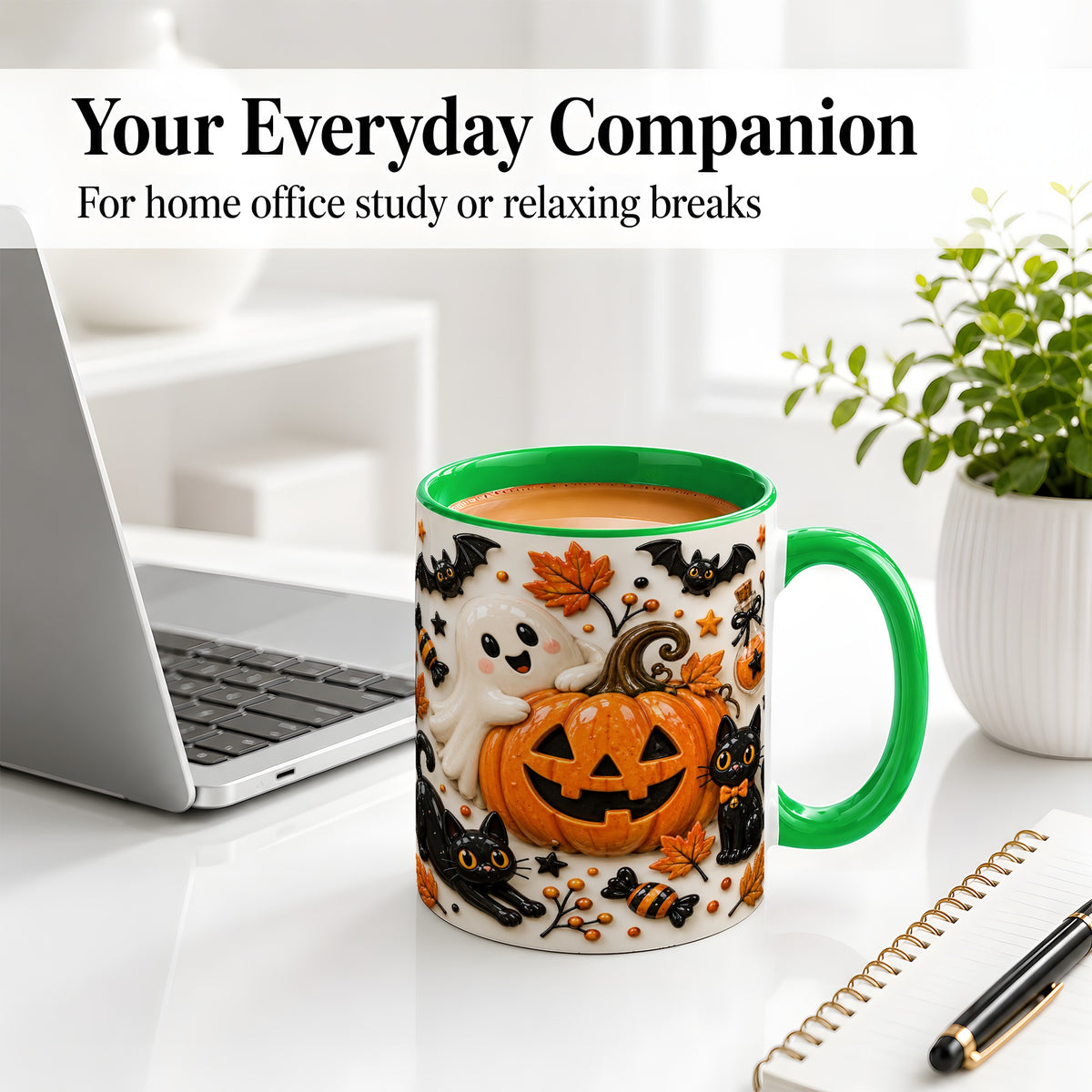 #pl[11oz|Green] Halloween Pumpkin Ceramic Mug, Black Cat Ghost Spooky Artwork