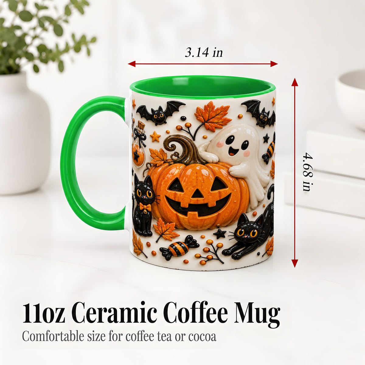 #pl[11oz|Green] Halloween Pumpkin Ceramic Mug, Black Cat Ghost Spooky Artwork