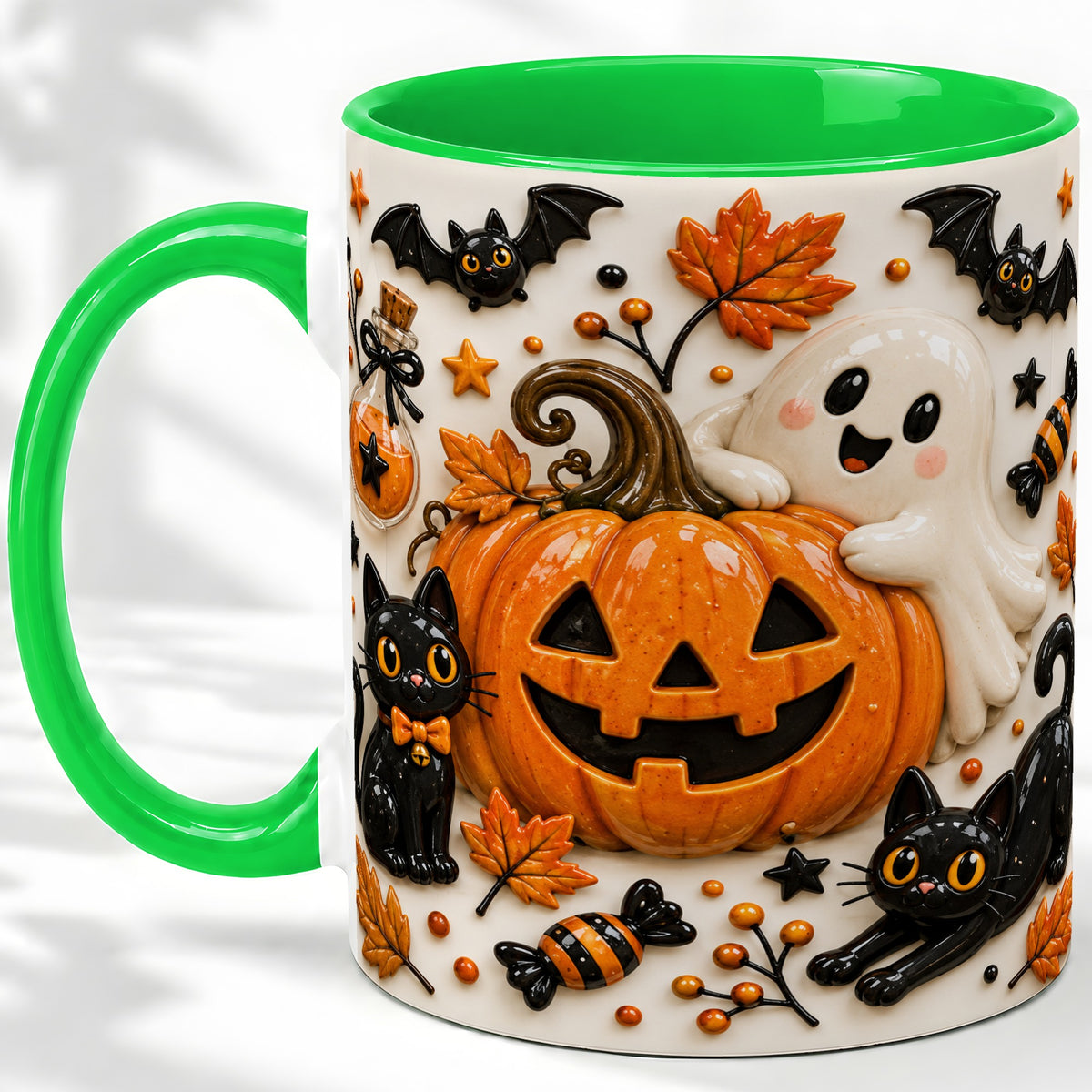 #pl[11oz|Green] Halloween Pumpkin Ceramic Mug, Black Cat Ghost Spooky Artwork