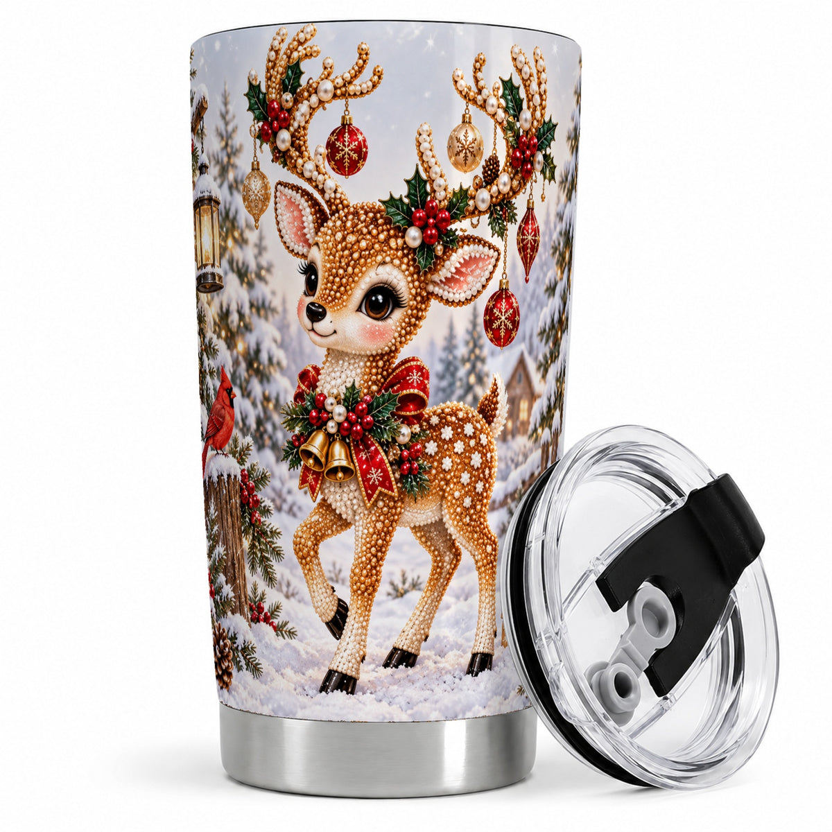 Festive Reindeer 20oz Tumbler, Christmas Ornament Scene Drinkware