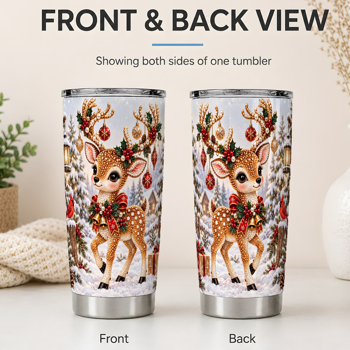 #pl[20oz|Steel] Festive Reindeer 20oz Tumbler, Christmas Ornament Scene Drinkware